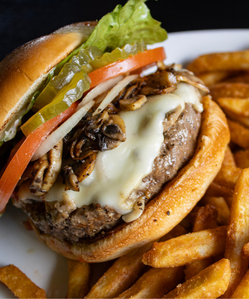 Tracyton-Public-House-delicious-SWISS and-MUSHROOM-BURGER-fries-Monday-Burgers-and-beer-Special Tracyton Public House Your Neighborhood Pub Delicious Food